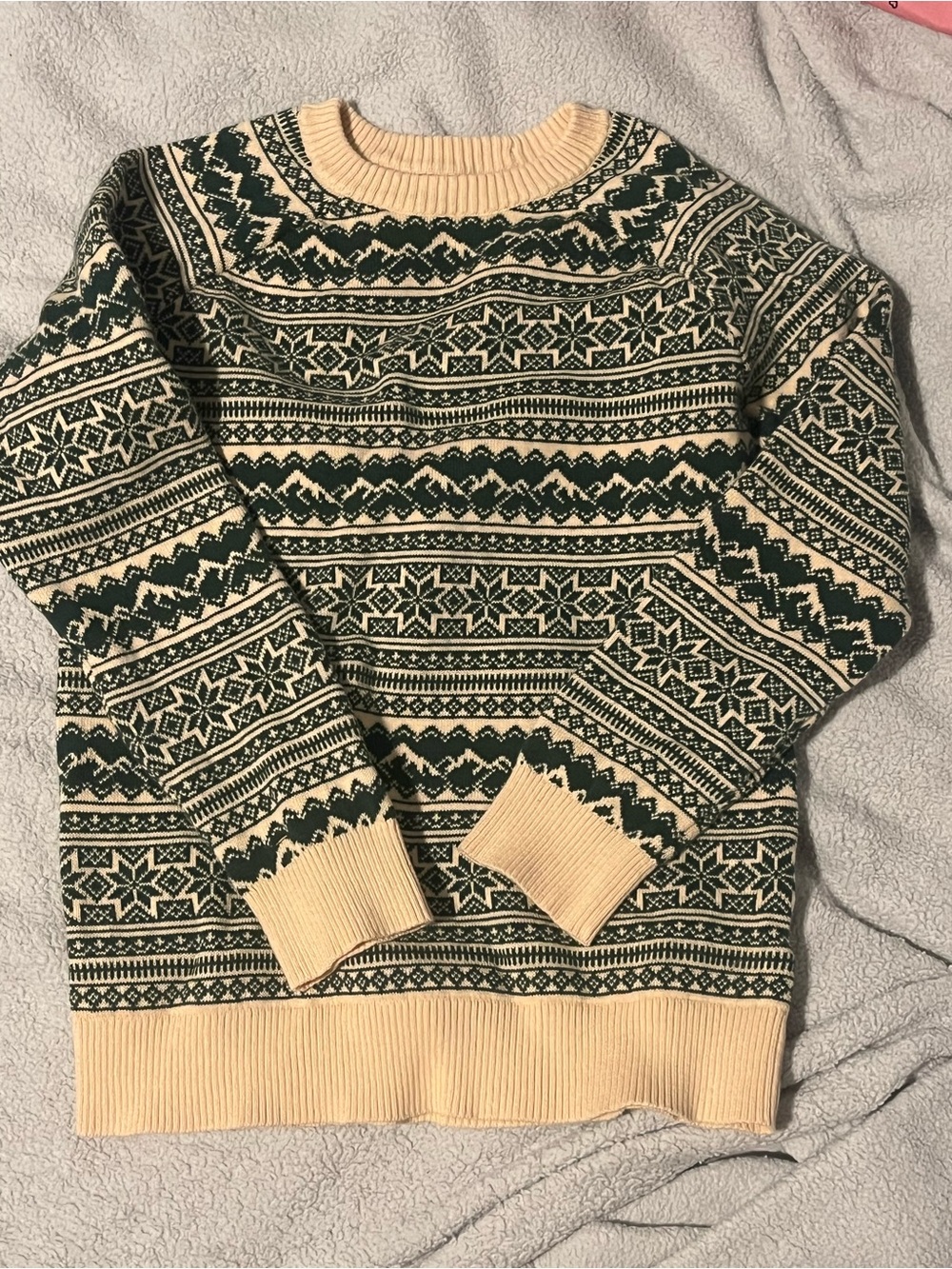 Cream & Dark Green Fair Isle Crewneck Sweater - Kids